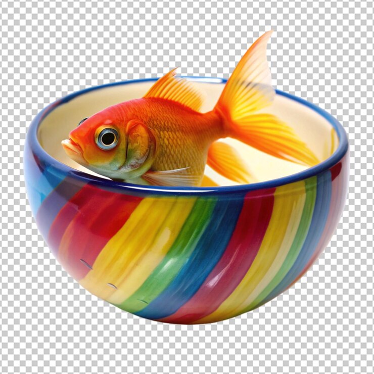 PSD pescado pequeño de color lleno de agua en el cuenco