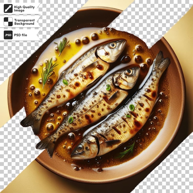 Pescado psd en un plato con verduras y arroz sobre un fondo transparente