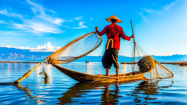 Un pescador en un barco pesquero y cazando peces en el mar un cazador de peces en un barco y buscando peces