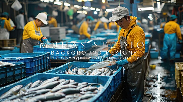 PSD un pescador clasifica la captura fresca en un mercado de pescado