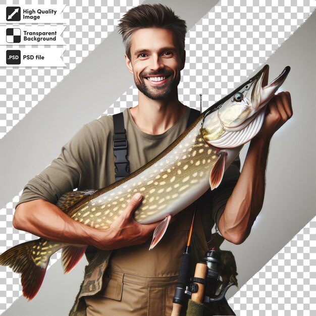 Pescador psd con un pez en un fondo transparente con capa de máscara editable