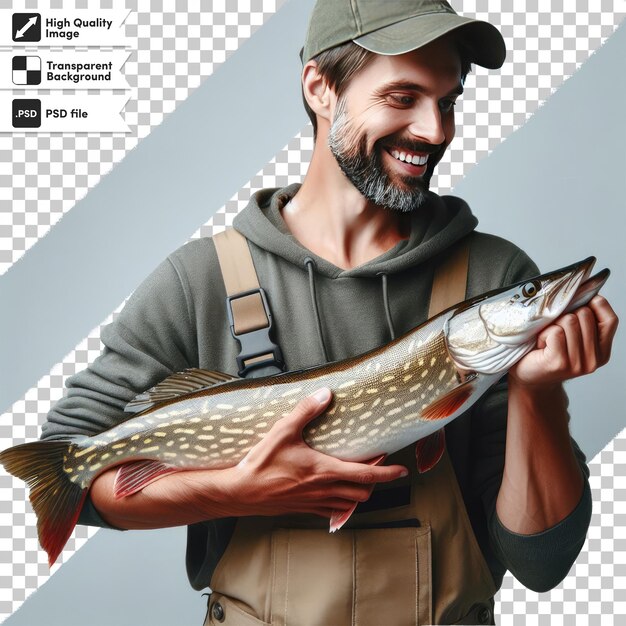 Pescador psd con un pez en un fondo transparente con capa de máscara editable