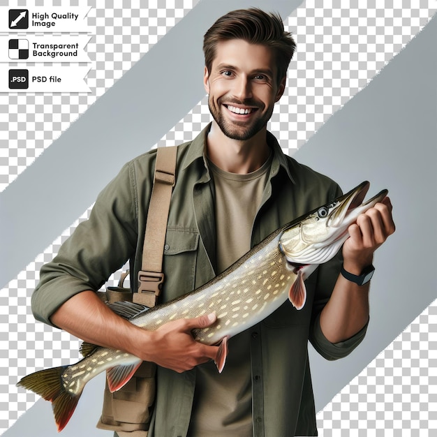 Pescador psd con un pez en un fondo transparente con capa de máscara editable