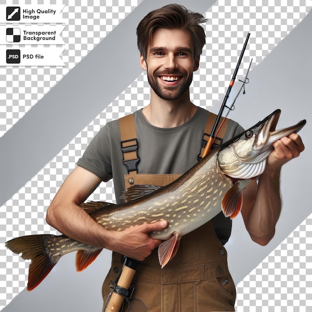 PSD pescador psd con un pez en un fondo transparente con capa de máscara editable