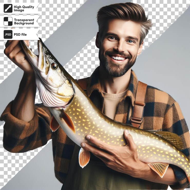 PSD pescador psd con un pez en un fondo transparente con capa de máscara editable