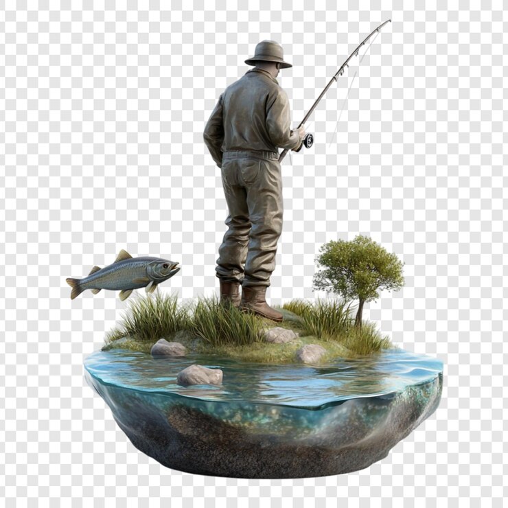 PSD pescador solitário em uma ilha tranquila esperando pacientemente por uma mordida cena pacífica natureza serenidade