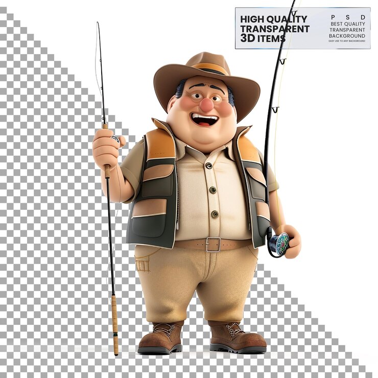 PSD pescatore animato un pescatore animato 3d con una cattura su uno sfondo trasparente