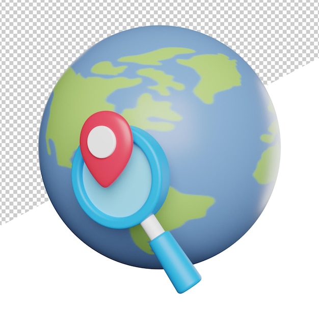 PSD pesquisa de marca de pino de localização no ícone de vista lateral do globo ilustração de renderização 3d em fundo transparente