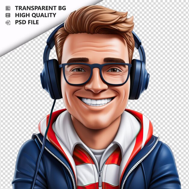 PSD pessoa americana ouvindo 3d estilo de desenho animado fundo branco