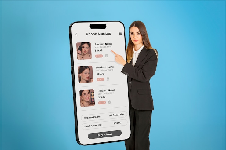 PSD pessoa apontando para um modelo de telefone gigante