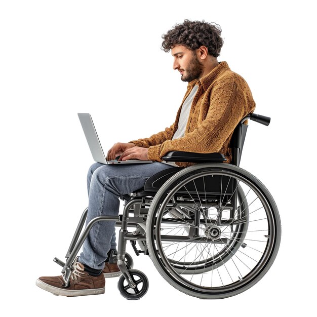 PSD pessoa com deficiência em roupa casual sentada com laptop em cadeira de rodas