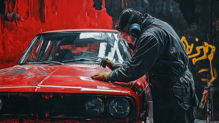 PSD pessoa em respirador lixando um carro vermelho vintage contra uma parede de graffiti
