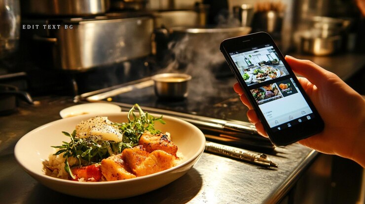 PSD pessoa fotografando comida gourmet em cozinha de restaurante