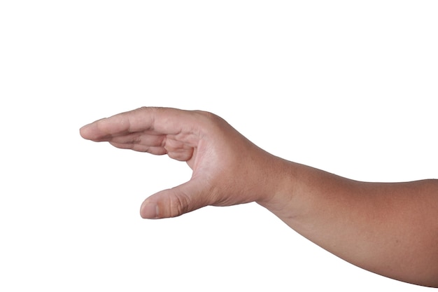 Pessoa masculina mão segurar ou agarrar algo invisível entre os dedos medir gesto cortar isolado