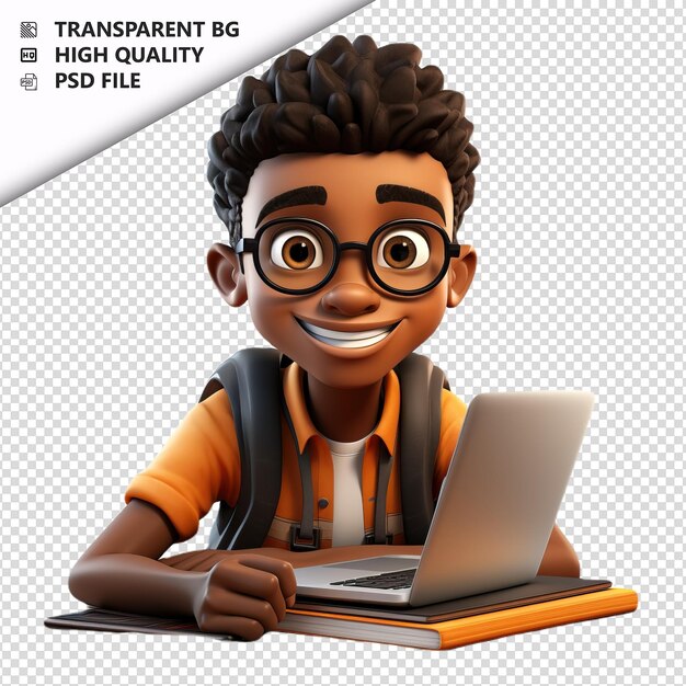 PSD pessoa negra estudando 3d estilo de desenho animado fundo branco i