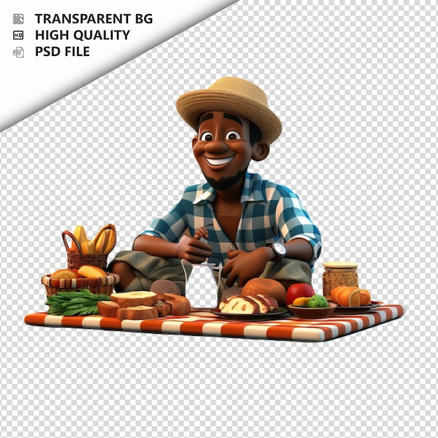 PSD pessoa negra fazendo piquenique em 3d estilo desenho animado com fundo branco