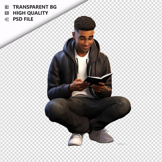 PSD pessoa negra lendo 3d estilo de desenho animado fundo branco é