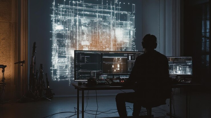 PSD pessoa que trabalha com tecnologia e visualização de dados