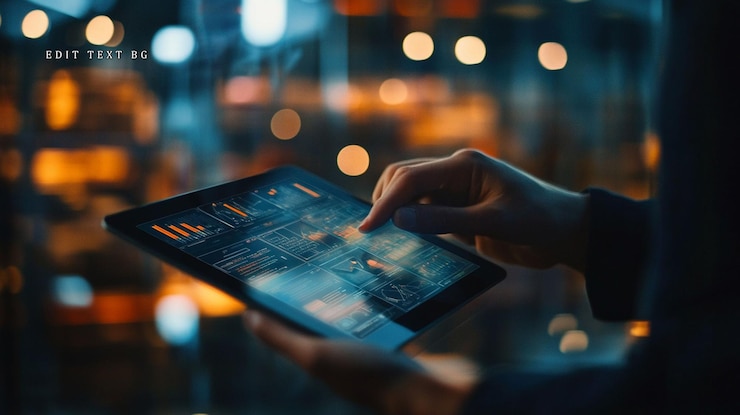 PSD pessoa que usa tablet com gráficos de dados à noite 1