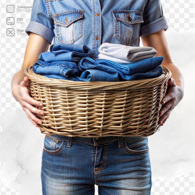 PSD pessoa segurando um cesto de roupa com calças jeans e roupas dobradas