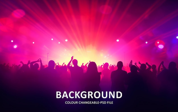 Pessoas dançando na multidão do concerto com luzes coloridas do palco e bandas de confete cantando