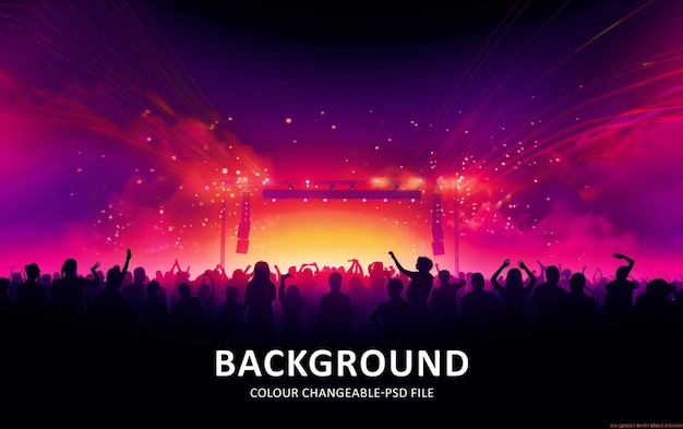 Pessoas dançando na multidão do concerto com luzes coloridas do palco e bandas de confete cantando