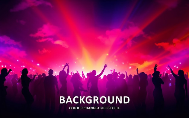 Pessoas dançando na multidão do concerto com luzes coloridas do palco e bandas de confete cantando