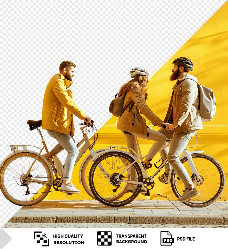 PSD pessoas esportivas ativas incríveis andando de bicicleta pela manhã com um homem vestindo um capacete branco e carregando uma mochila cinza contra uma parede amarela com uma roda preta visível no png