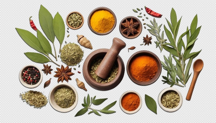 PSD pestle en el remedio de salud natural flat lay vibrante escena de curación a base de hierbas