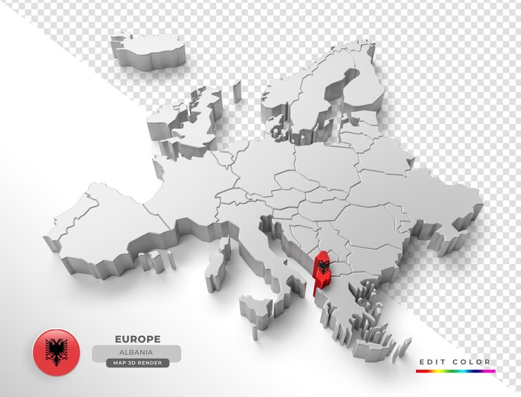 PSD peta isometrik albania eropa dengan bendera dalam rendering 3d