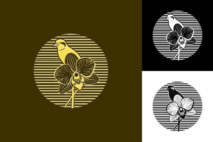 PSD petali di orchidee con silhouette di uccello banana e disegno vettoriale di illustrazione creativa minimalista