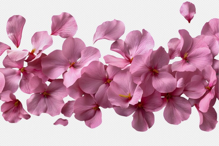 Pétalos de rosa volando sobre un fondo transparente