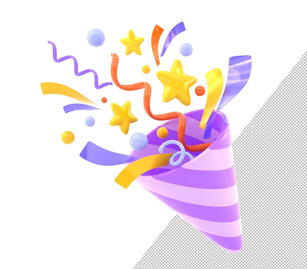 Pétard festif 3D avec des confettis volants pour l'anniversaire ou le nouvel an Popper de fête coloré avec explosion de spirales de ruban étoiles dorées et sphères isolées icône de clapet de dessin animé Illustration 3D