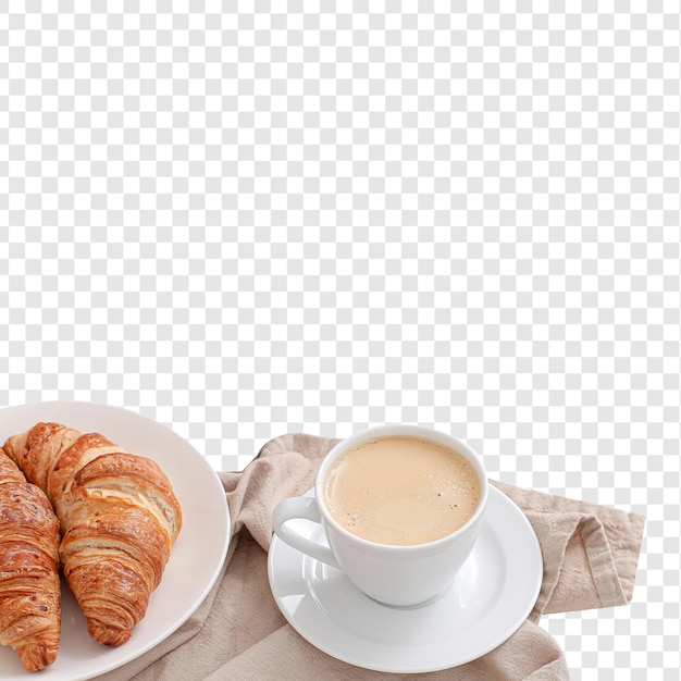 Petit déjeuner avec des croissants et du café isolé sur un fond transparent