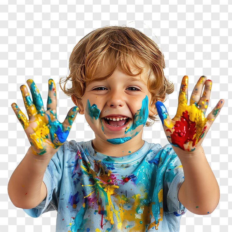 PSD petit enfant montrant des mains peintes de couleurs en riant