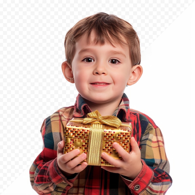 PSD le petit garçon avec un cadeau dans les mains isolé sur blanc