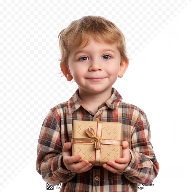 PSD le petit garçon avec un cadeau dans les mains isolé sur blanc