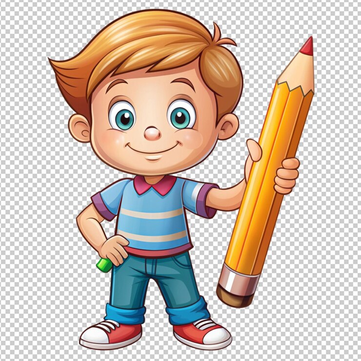 PSD un petit garçon de dessin animé avec un crayon et une gomme sur un fond transparent