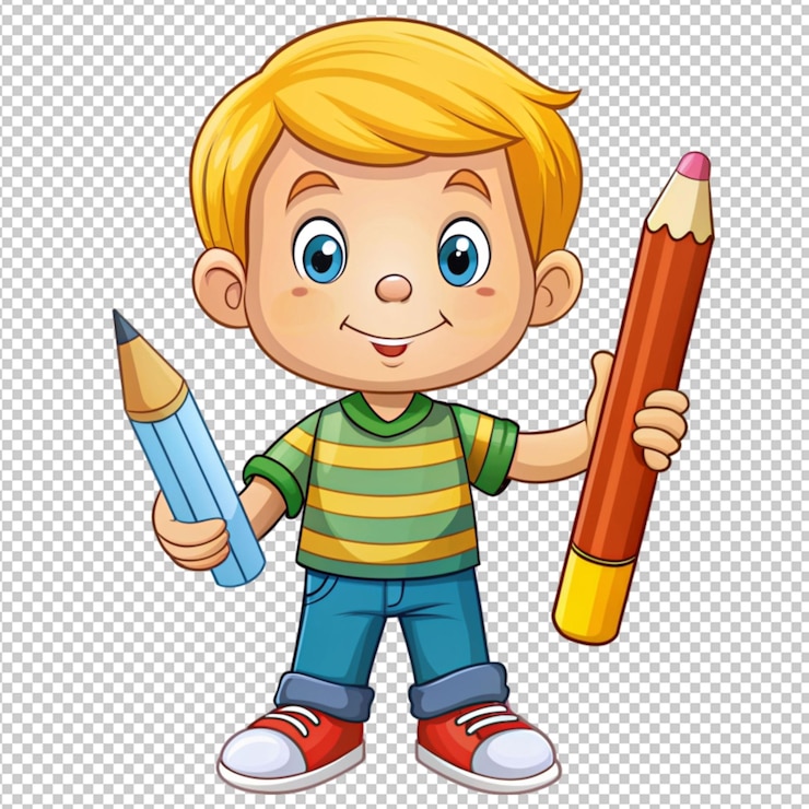 PSD un petit garçon de dessin animé avec un crayon et une gomme sur un fond transparent