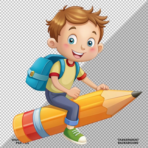Un petit garçon de dessin animé sur un crayon avec un sac d'école isolé sur un fond transparent
