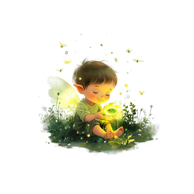 PSD un petit garçon de fée enchanteur avec une fleur lumineuse