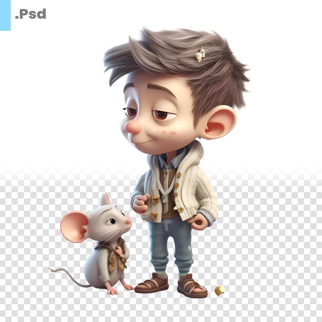 PSD petit garçon avec une souris sur un fond blanc modèle psd de rendu 3d