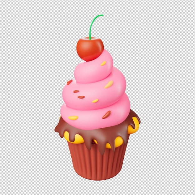 Un petit gâteau rose avec une cerise sur le dessus.