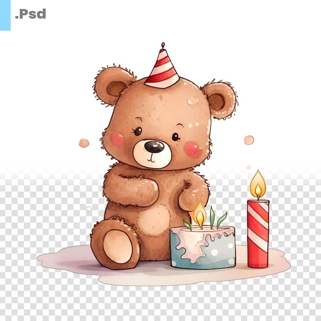 PSD petit ours en peluche avec gâteau d'anniversaire et bougies illustration vecteur modèle psd