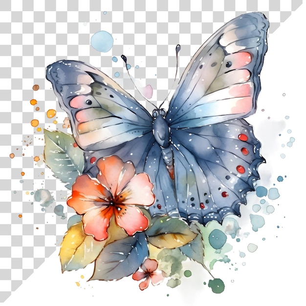 PSD petit papillon à l'aquarelle de dessin animé avec des éclaboussures de peinture colorées sur un fond transparent