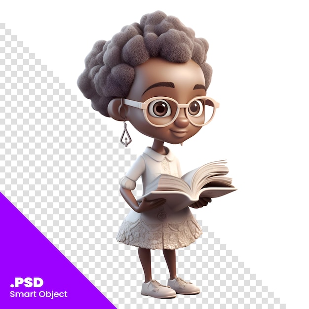 PSD petite fille afro-américaine lisant un livre isolée sur un fond blanc modèle psd