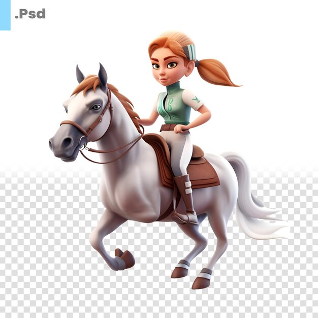 PSD petite fille chevauchant un cheval blanc isolé sur fond blanc illustration 3d modèle psd