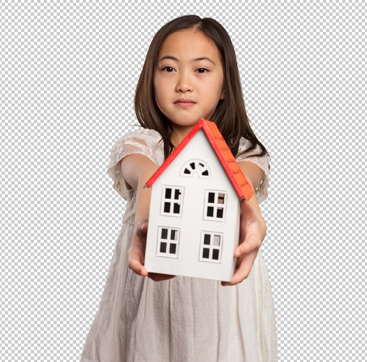 PSD petite fille chinoise tenant une petite maison
