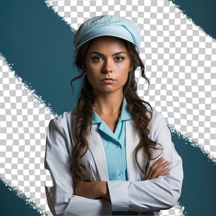 PSD une petite fille en colère aux cheveux longs de l'origine ethnique aborigène australienne vêtue d'une tenue de scientifique médical pose dans un regard à travers un accessoire comme un style de chapeau contre un bac turquoise pastel