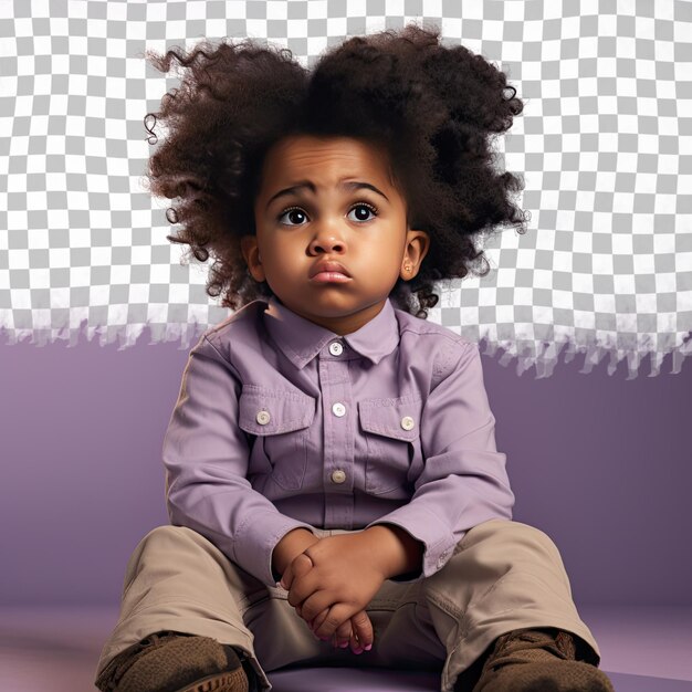 PSD une petite fille en colère avec des cheveux kinky de l'ethnie afro-américaine vêtue d'une tenue de charpentier pose dans un style hand on chin thoughtful pose sur un fond de lavande pastel